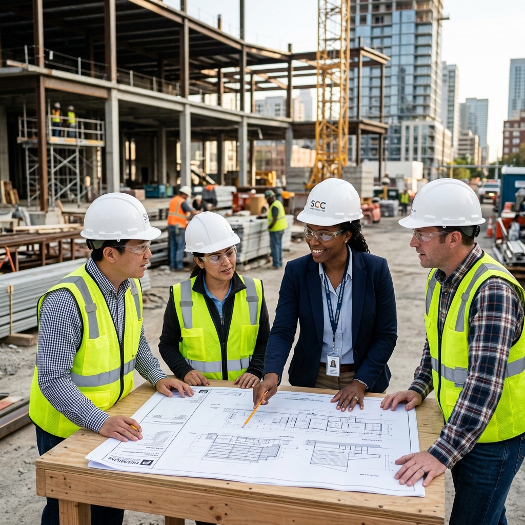 Professional construction engineers reviewing site blueprint